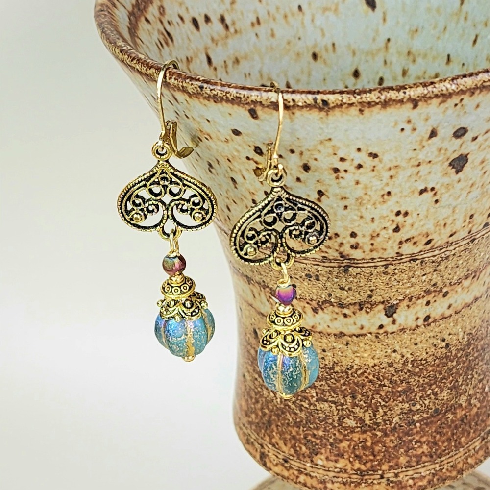 Dangle Earrings,‎ Filagree Charm & Teal Blue Glass with Etched Gold AB Finish,